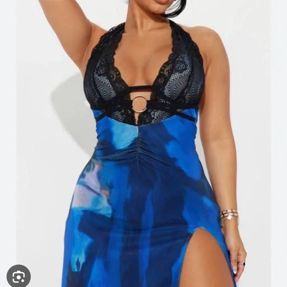 Blue Halter Lace-Trim Maxi Dress with High Slit - Picture 4 of 4